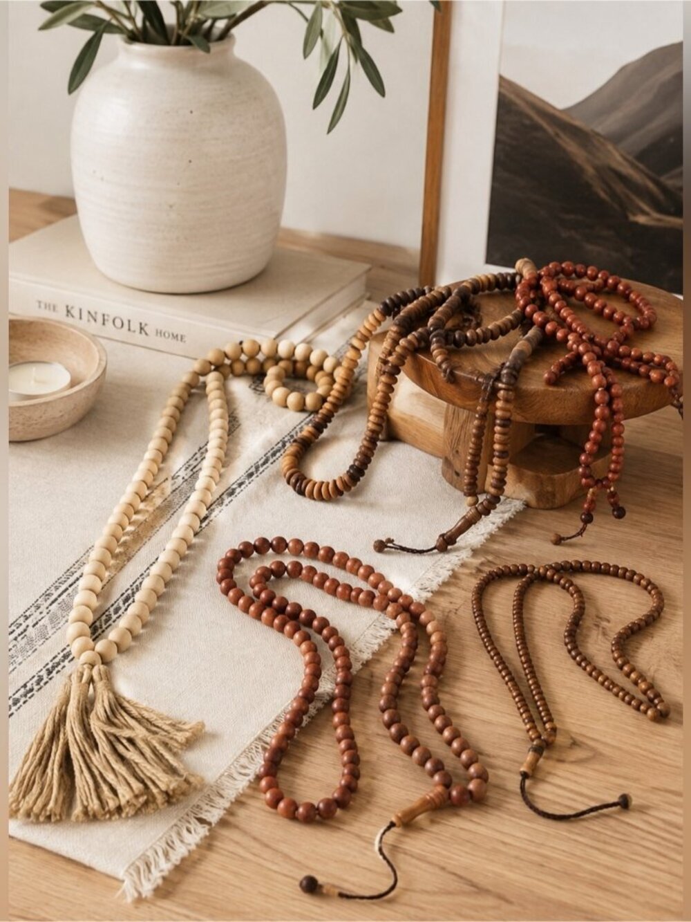 Set of 8 Wooden Prayer Beads / Tasbih / Mala Necklaces – Natural Wood Boho Decor